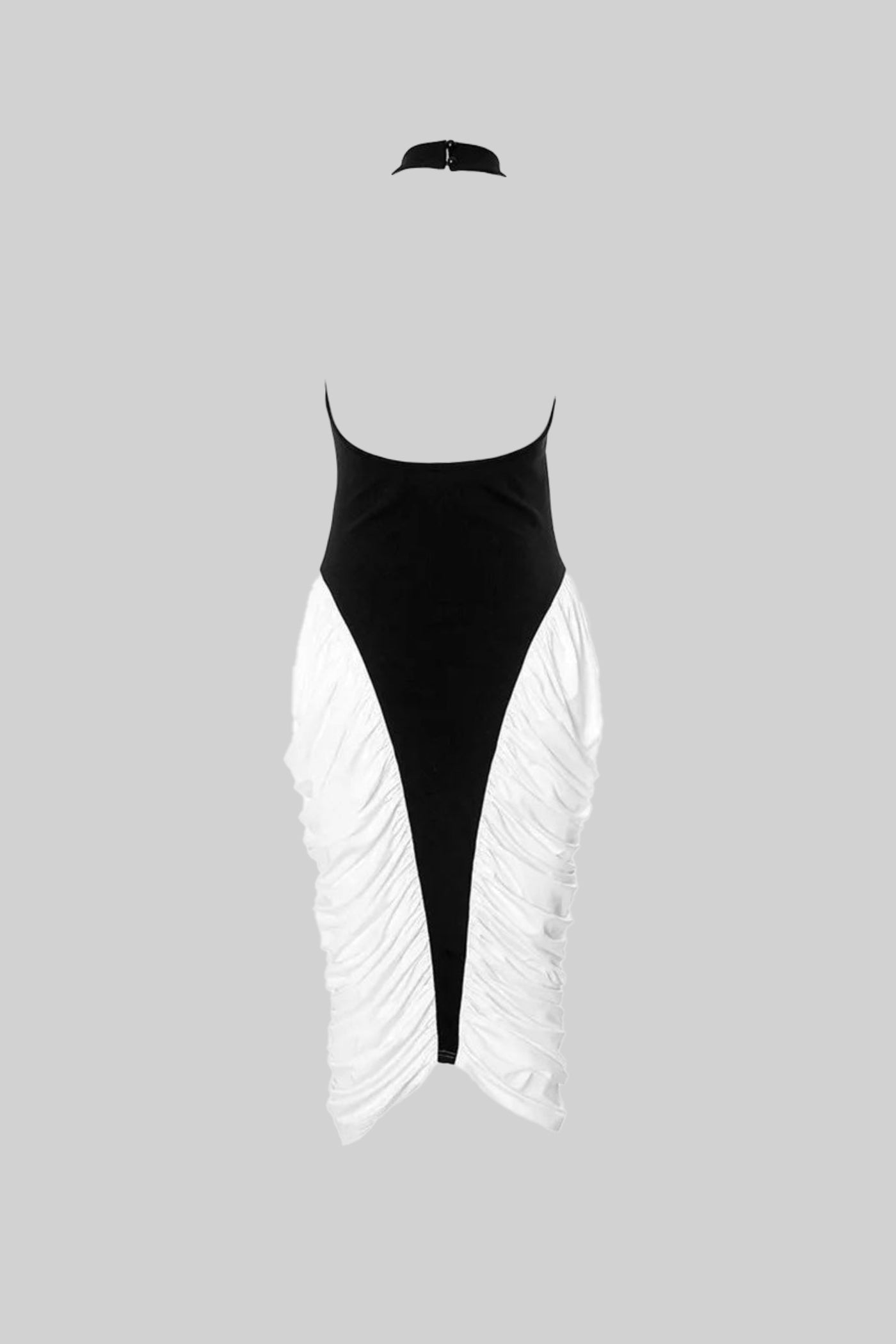 Two-Tone Ruched Halter Midi Dress – Black & White