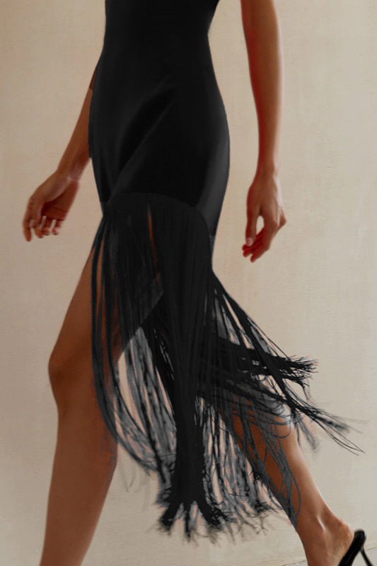 Strapless Fringe Trim High Split Bodycon Mini Party Dress