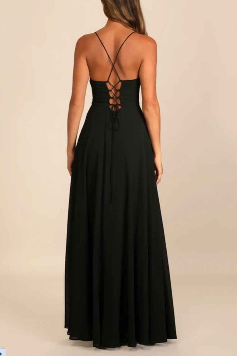 Chiffon Cowl Neck Lace Up Back High Split Maxi Dress