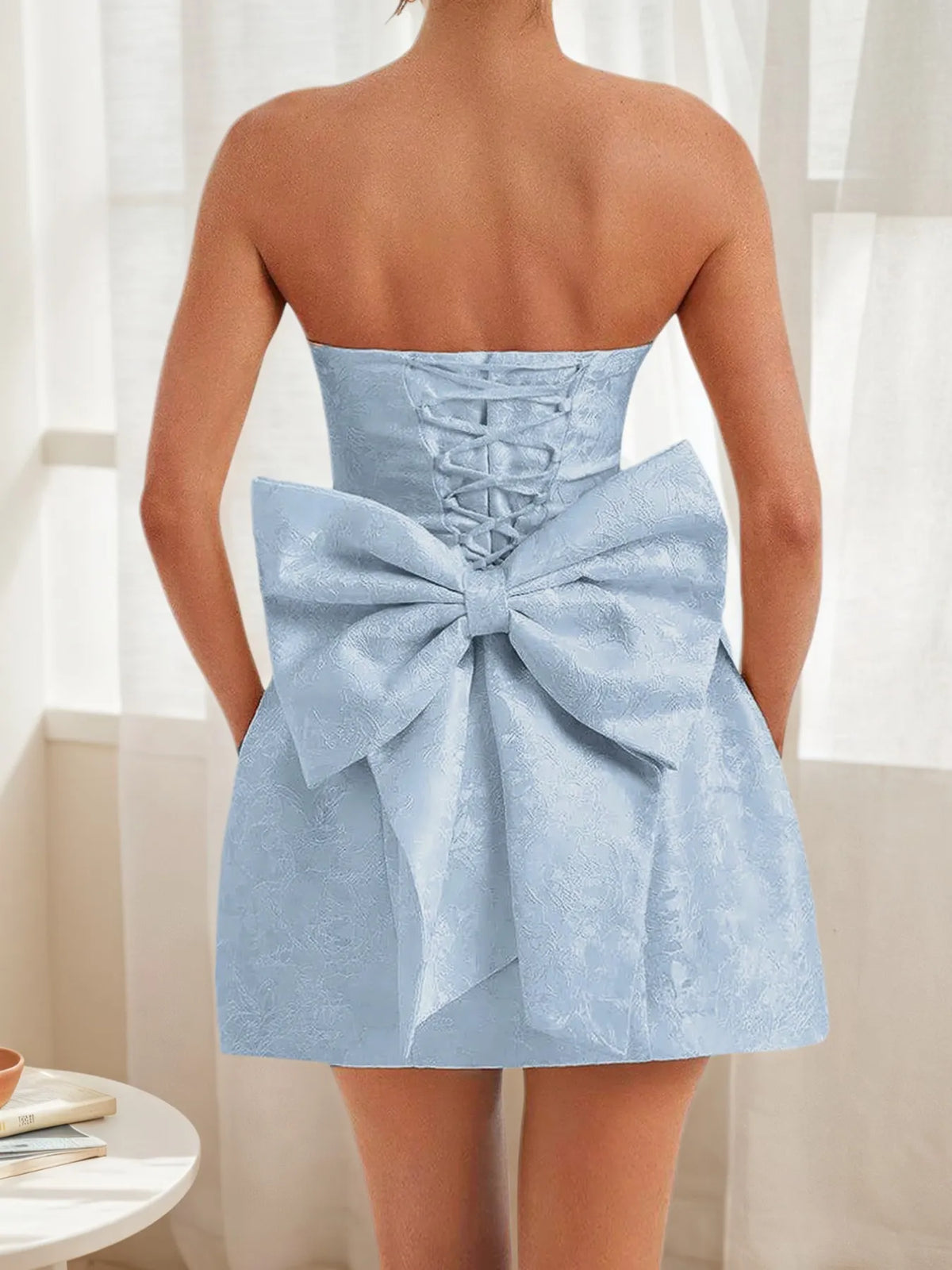 Jacquard Strapless Back Bow Structured Bubble Mini Dress 6