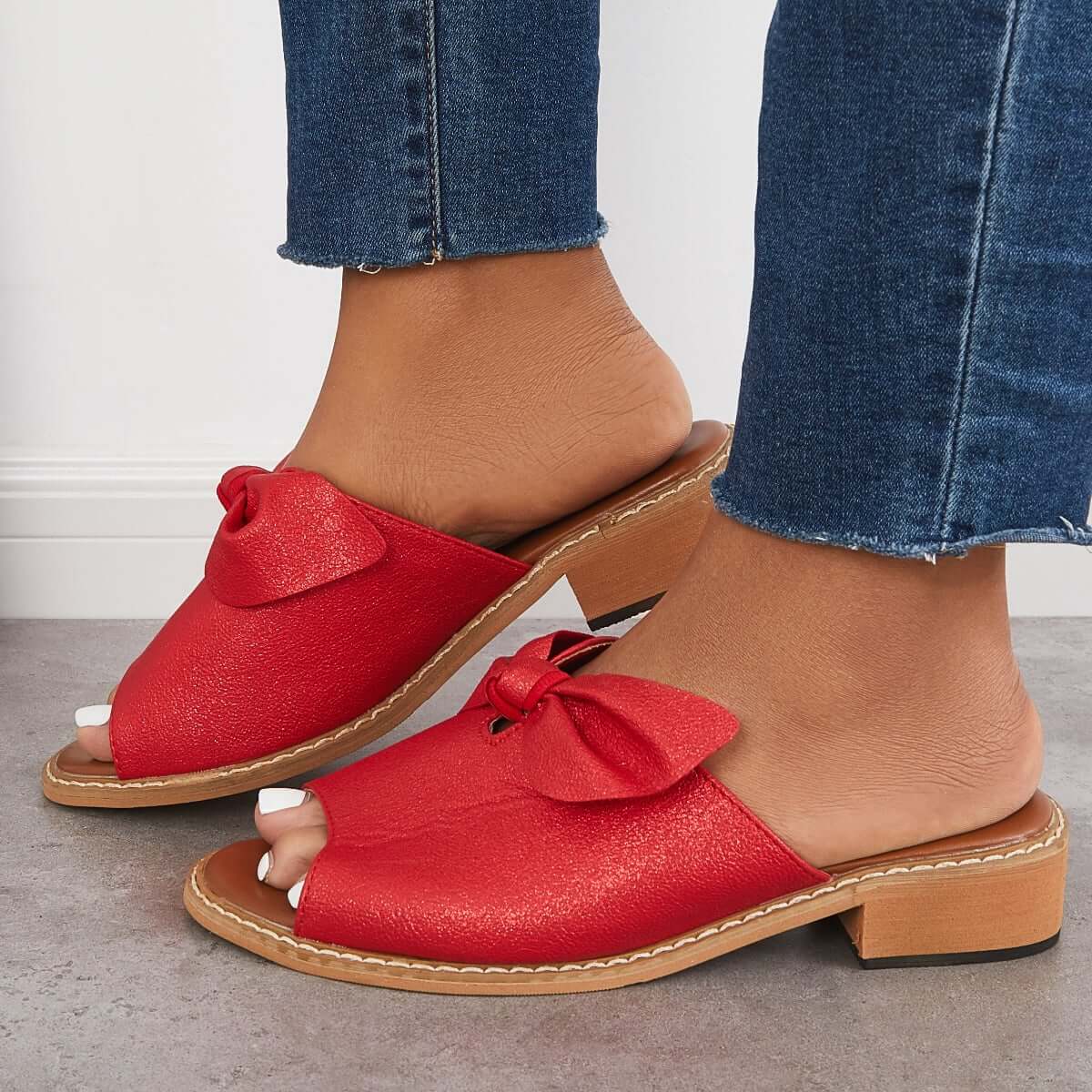 Womens Fashion Peep Toe Low Heel Bow Slippers