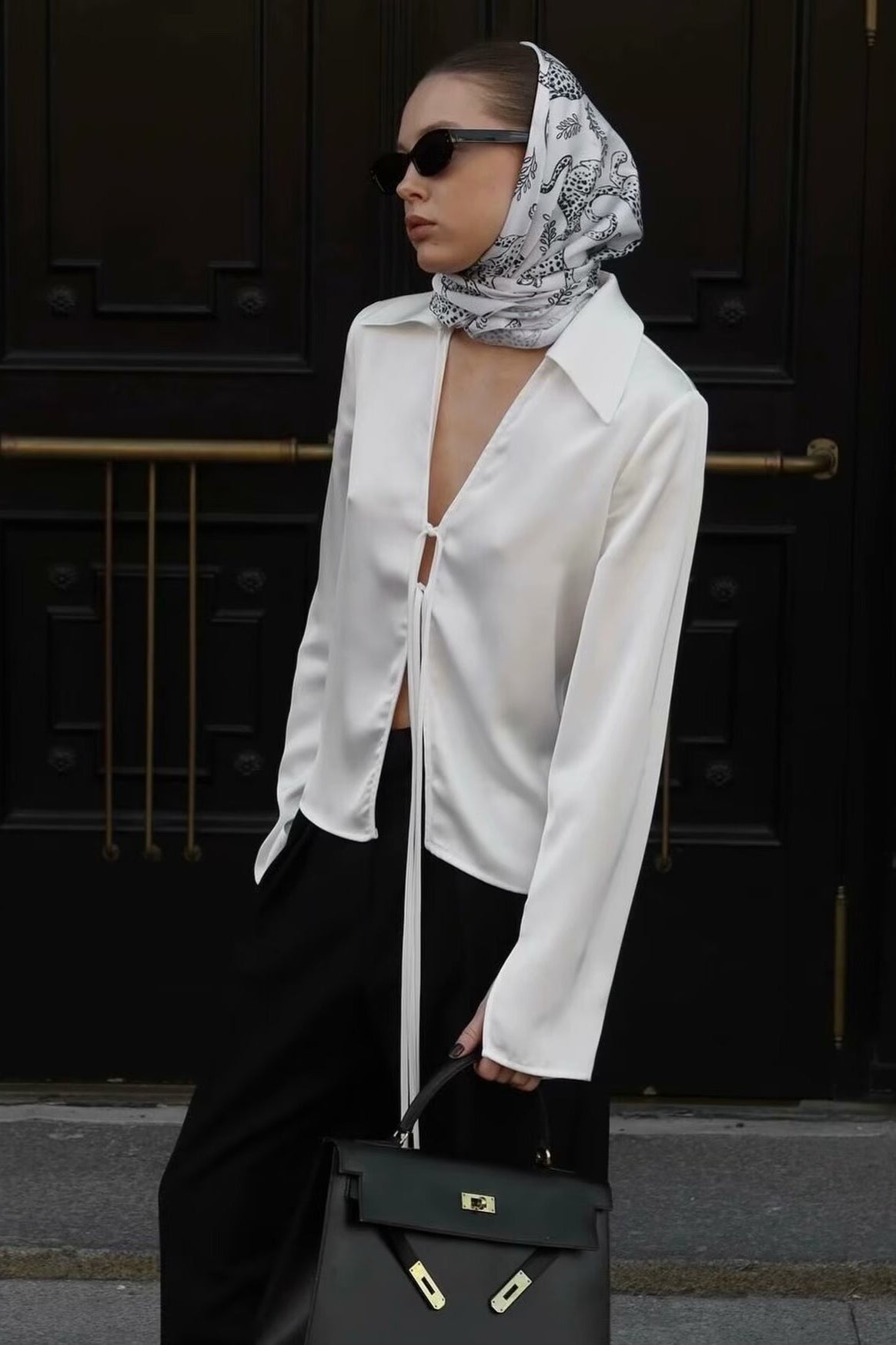 Satin Deep V-Neck Tie Front Collared Flare Sleeve Blouse 3