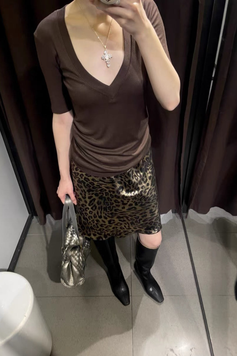 Leopard Print Satin Asymmetric Hem Slip Midi Skirt 3