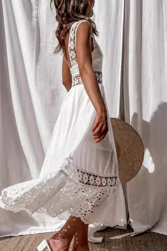 Lace Edition Spliced Sleeveless Flared Maxi Chic Boho Dress
