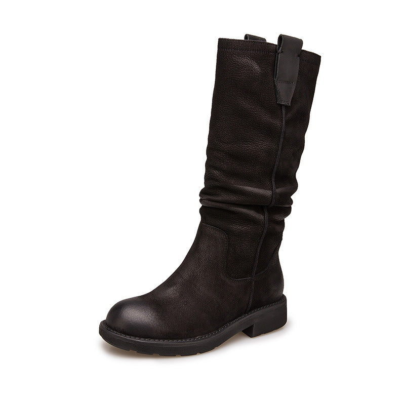 Nubuck Leather Mid Calf Boots Fold Design Riding Boots Short Plush Lined Or Leather For Choice Coffee/Black