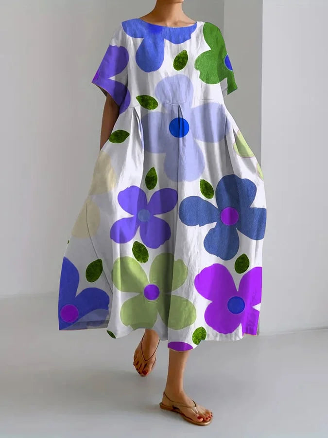 Floral Print Round Neck Short Sleeve Pocket Midi Dress