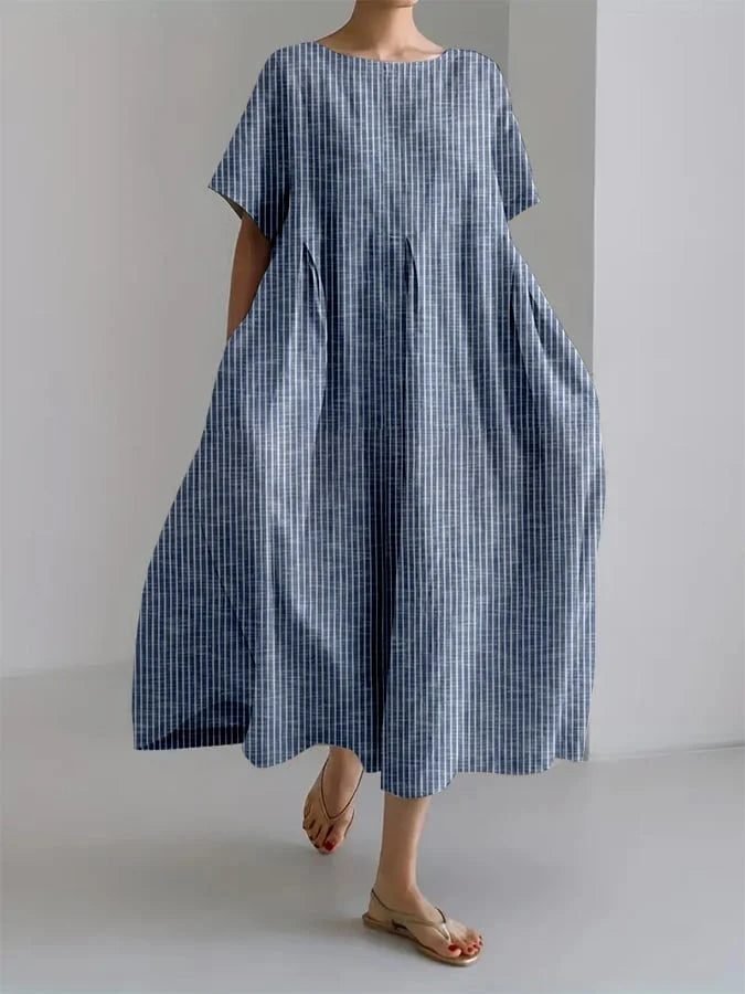 Striped Round Neck Short Sleeve Pocket A-Line Midi Dress Summer
