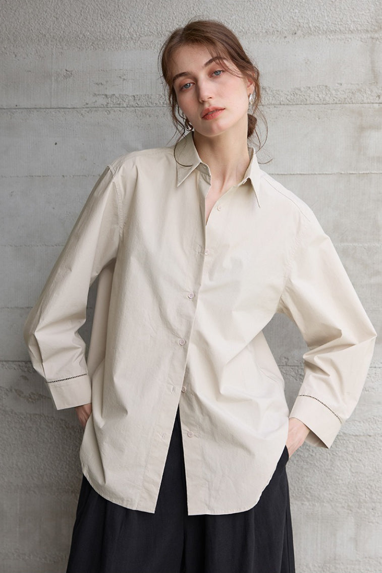 Collared Long Sleeve Curved Hem Relaxed Button Front Shirt 10