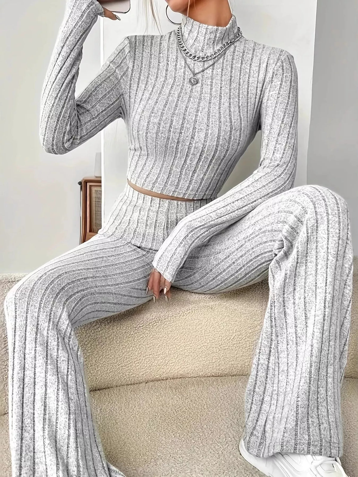 Mock Neck Long Sleeve Ribbed Knit Crop Top and Flare Pants Two Piece Set 7