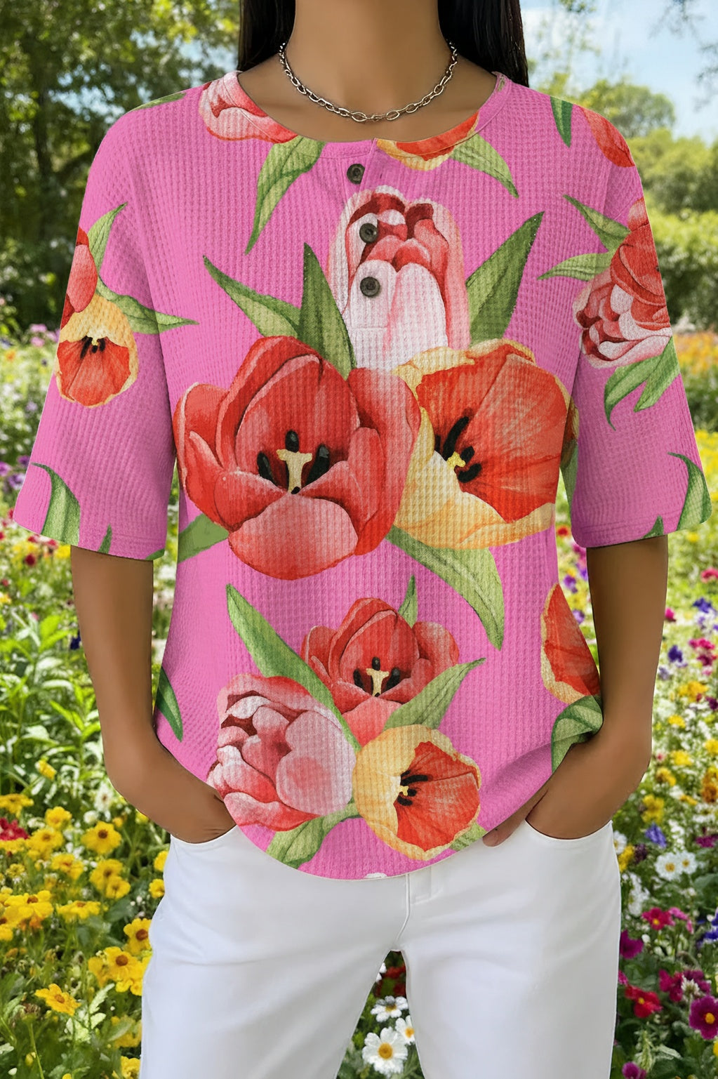 Womens Pink Tulip Print Casual Shirt