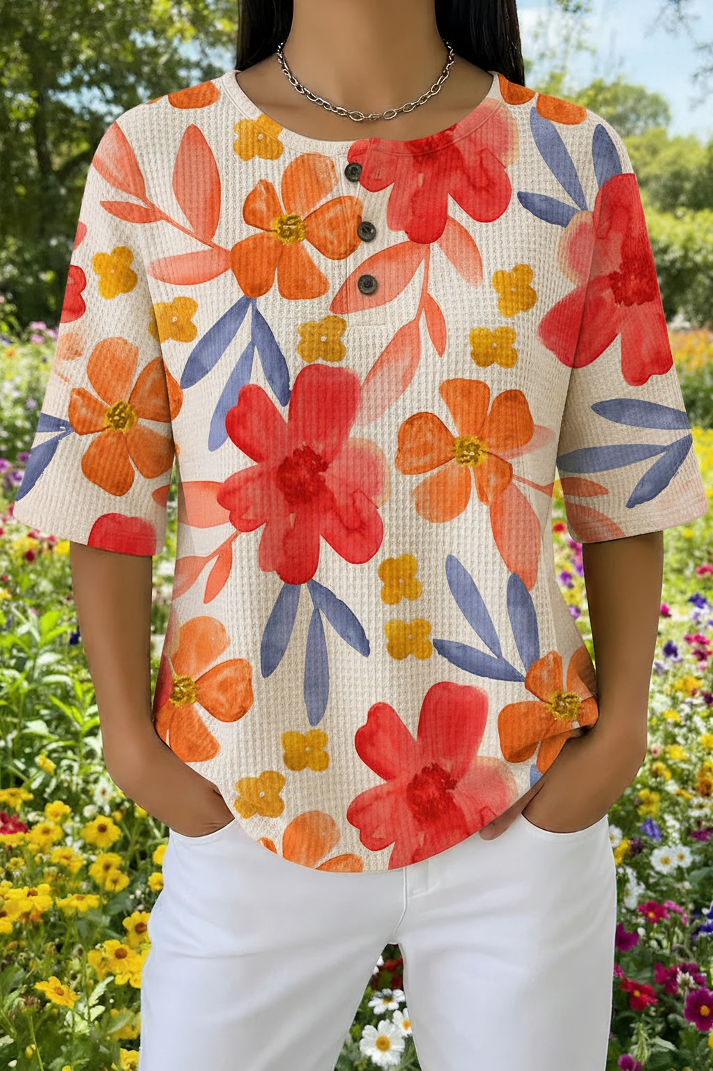 Womens Cream Red and Orange Floral Print Casual Henley Shirt