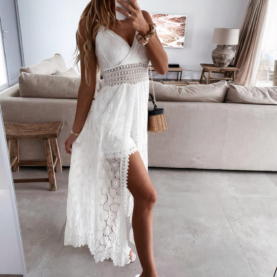 Lace Surplice Spaghetti Strap Romper Sheer Lace Overlay Maxi Dress