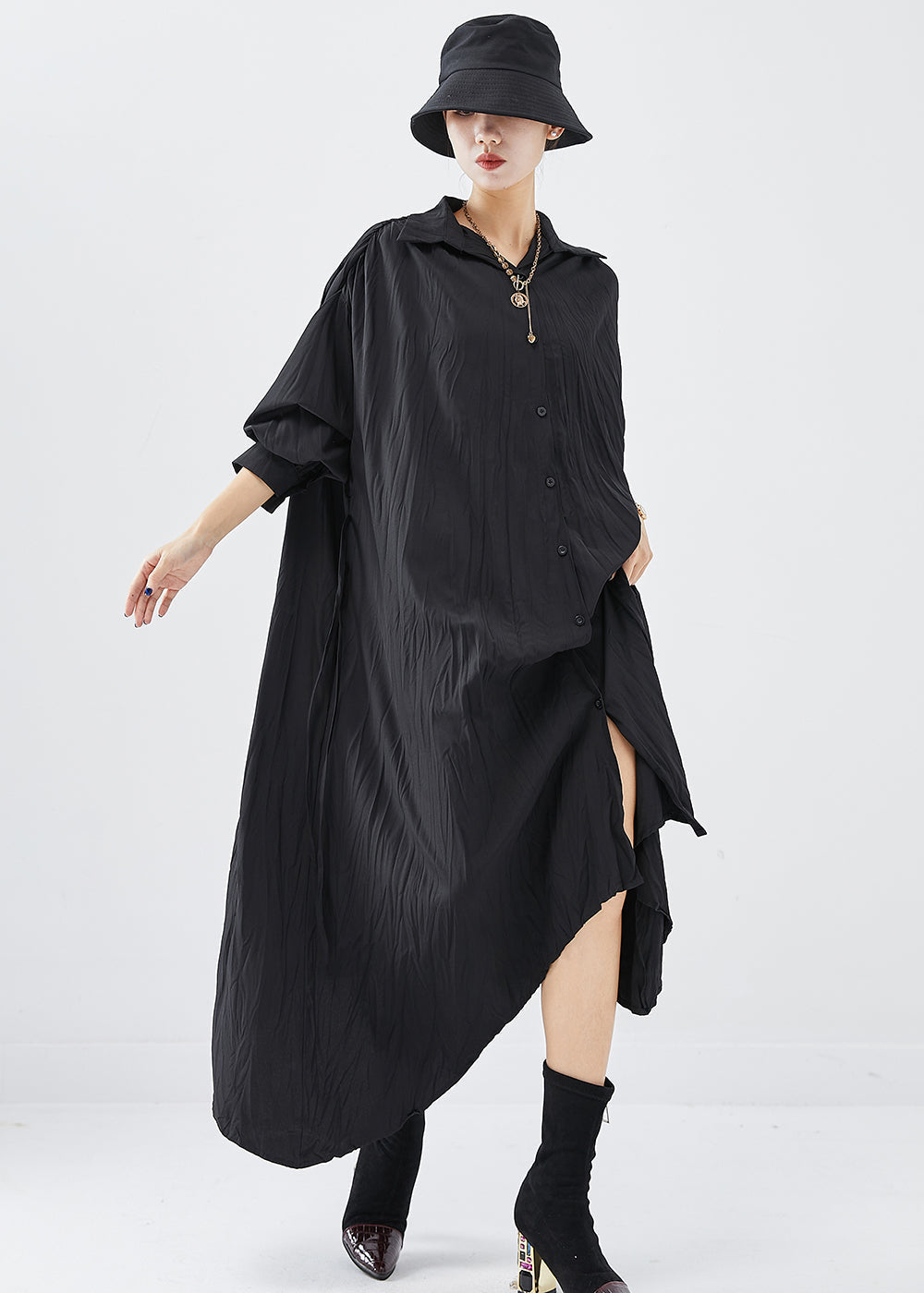 Crinkle Texture Collar Button Down Long Sleeve Asymmetrical Hem Shirt Dress