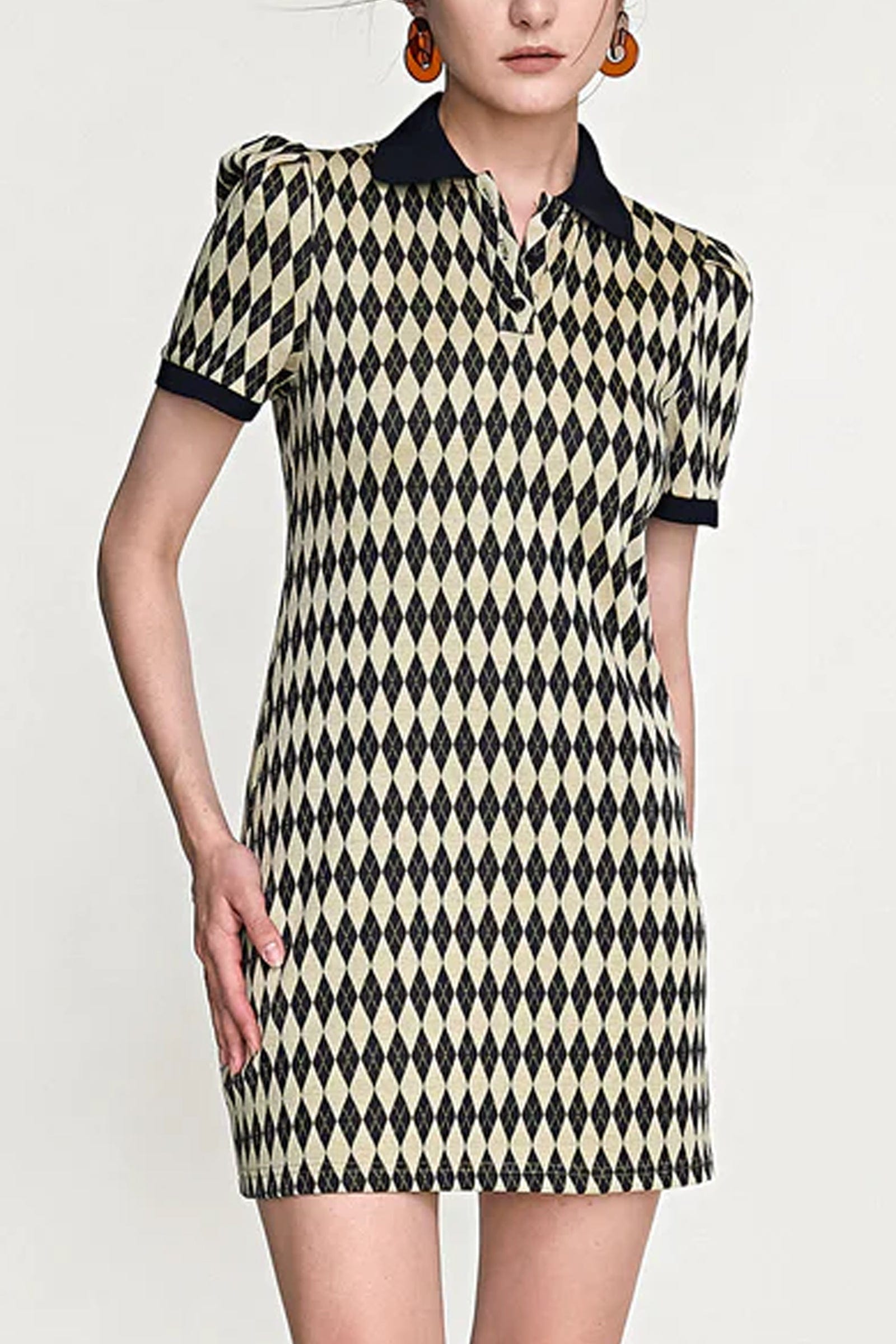 Argyle Knit Polo Collar Puff Sleeve Contrast Trim Mini Dress