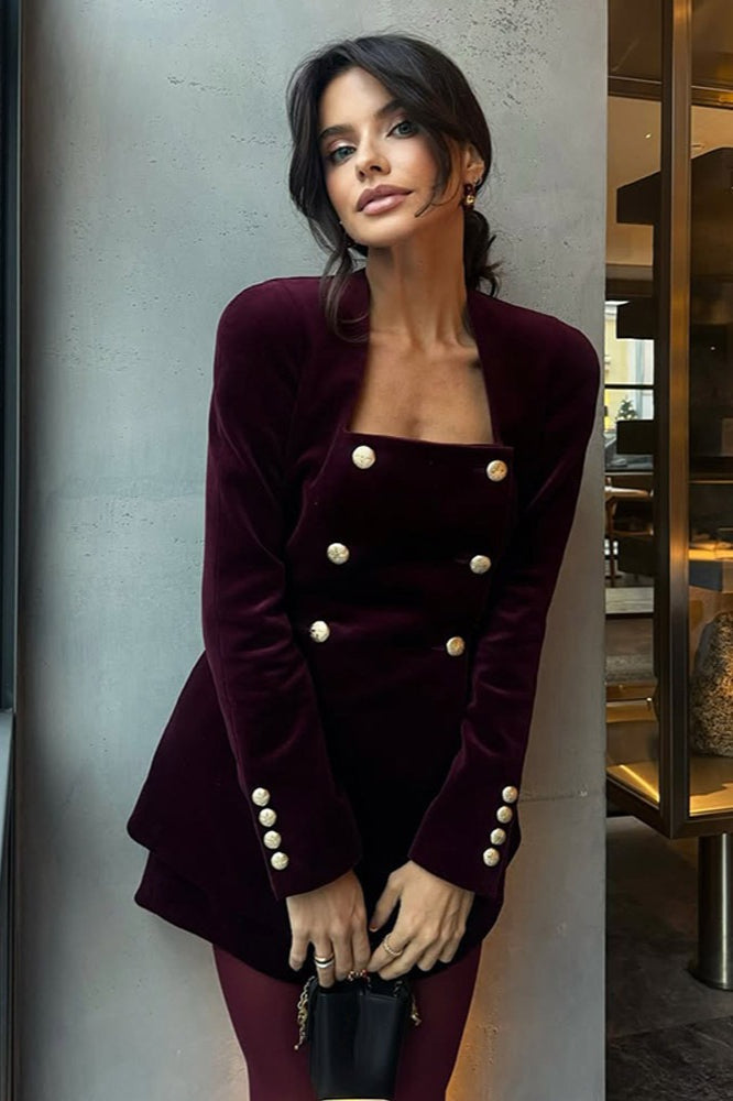 Solid Mandarin Collar Deep V Button Blazer Shorts Two Piece Set