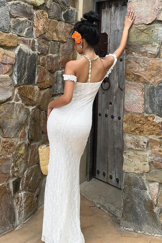 Off Shoulder Sweetheart Ruffle Cap Sleeve All Over Lace Fitted Maxi Dress