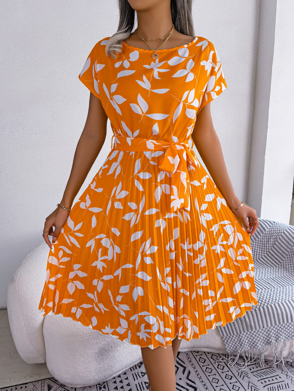Printed Round Neck Short Sleeve Pleated Dress Pumpkin