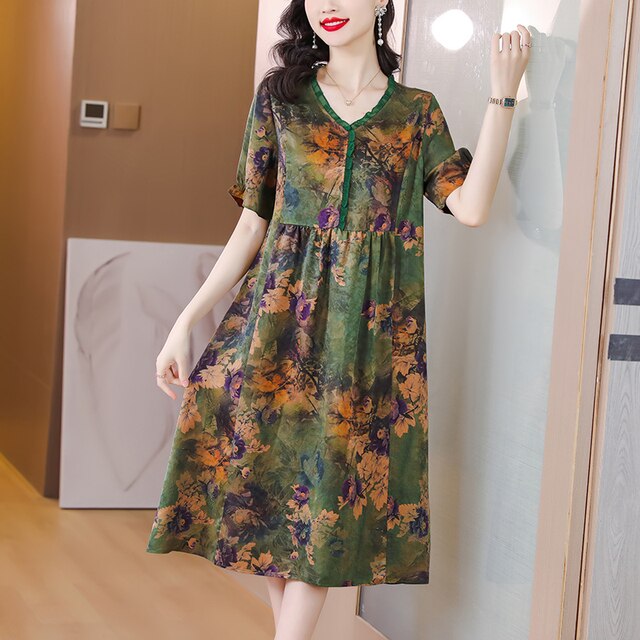 Floral Print V-Neck Short Sleeve Empire Waist Midi Dress - View 7