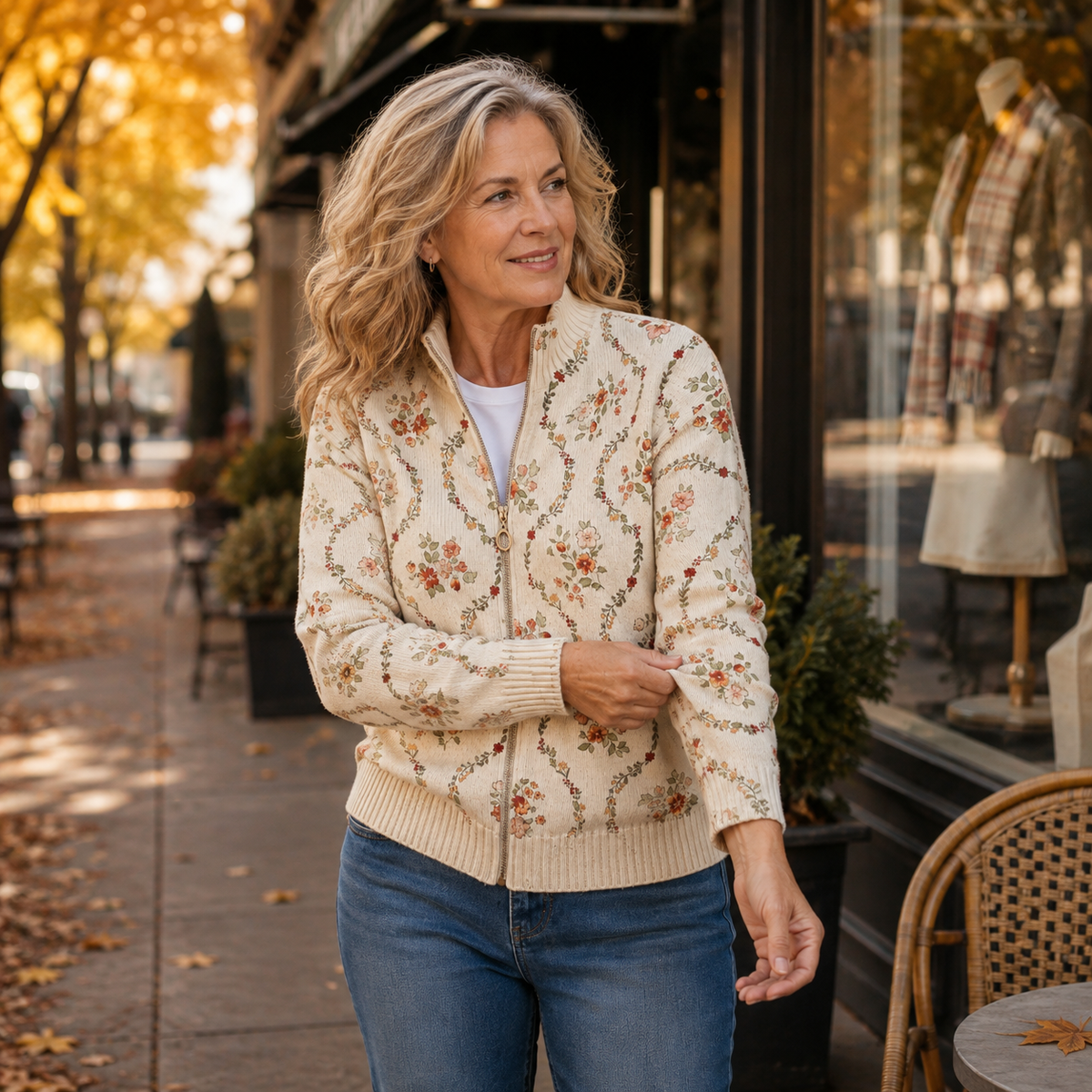 Floral Print Zip Front Stand Collar Cardigan