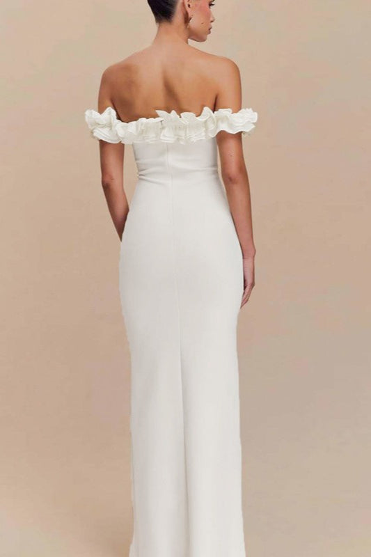 Off Shoulder Ruffle Trim Tie Front Bodycon Maxi Dress