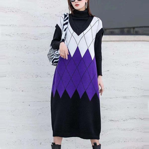 Women Hit Color Patchwork Small Fresh Sleeveless Pullover Elegant Minority Dress