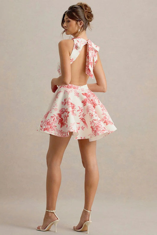 High-Waist Backless Floral Mini Dress