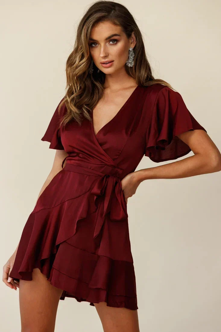 Satin V-Neck Flutter Sleeve Wrap Ruffle Hem Mini Dress