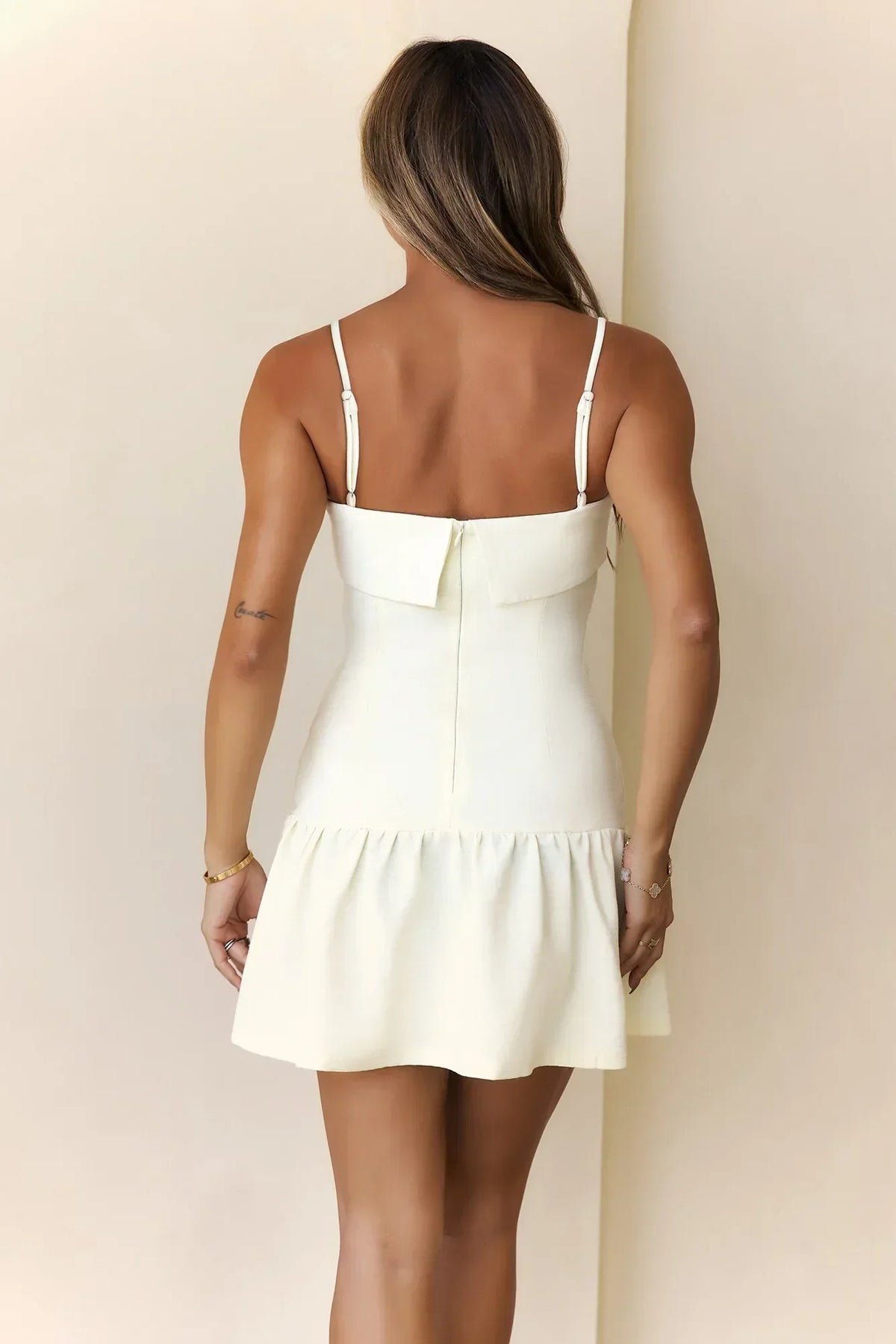 Straight Neck Cami Strap Ruched Drop Waist Ruffle Hem Mini Dress 4