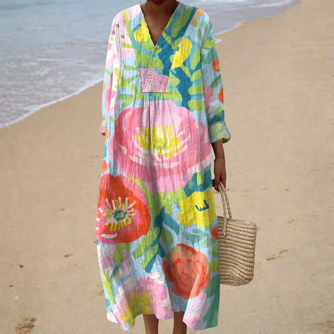 Floral Print V-Neck Long Sleeve Kaftan Maxi Dress Summer