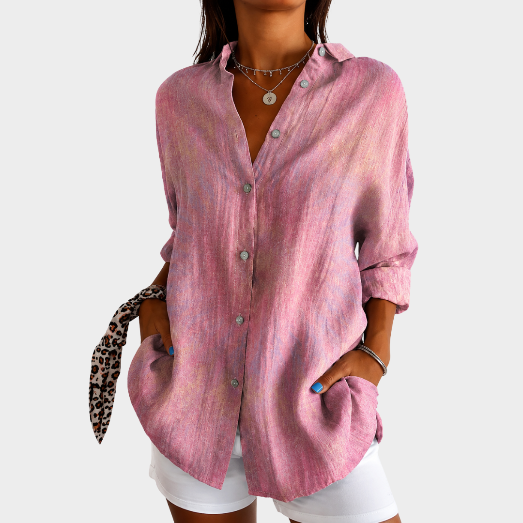 Collared Long Sleeve Button Front Oversized Blouse