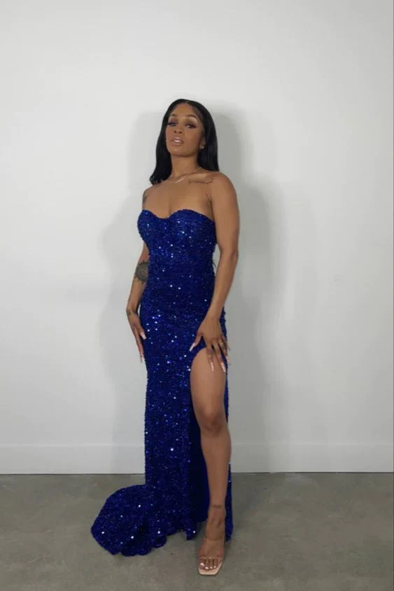 Sparkly Blue Sequins Strapless Prom Dress Slit Mermaid Party Evening Gown cc1939