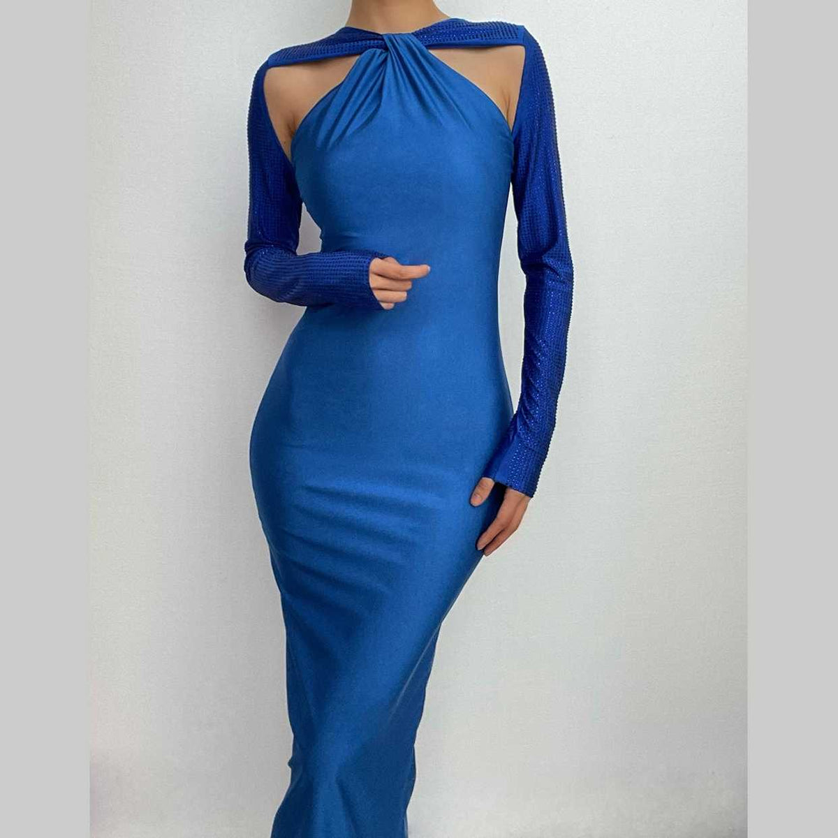 Twist Neck Cut Out Beaded Long Sleeve Bodycon Maxi Dress