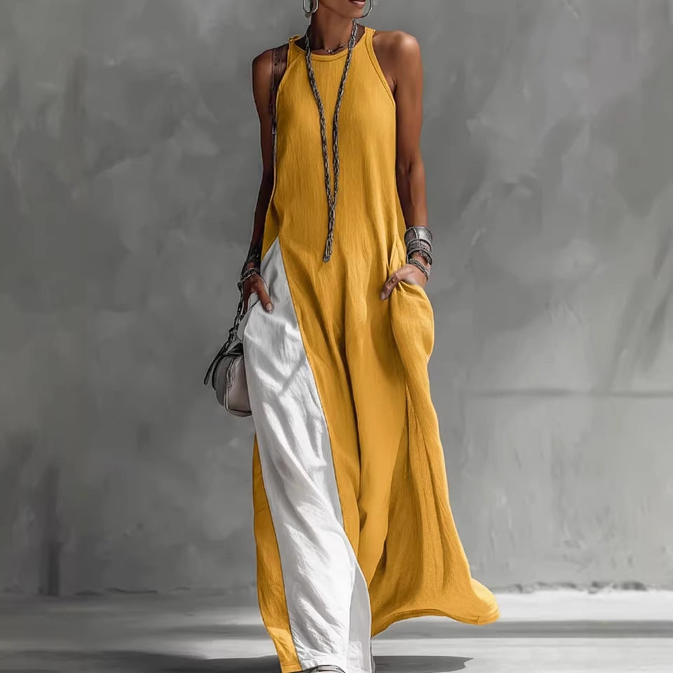 Sleeveless Crew Neck Color Block Panel Maxi Dress