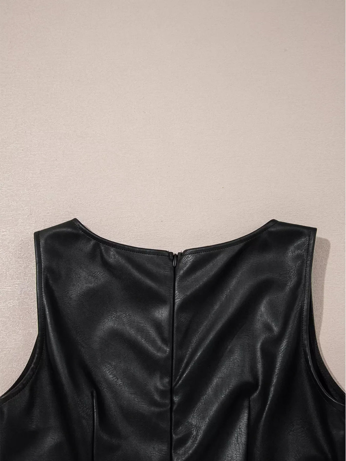 Faux Leather Sleeveless Boat Neck Shift Mini Dress 9
