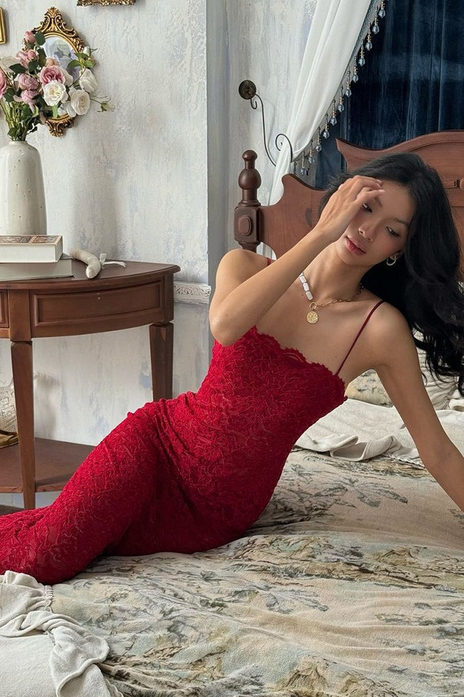 Lace Square Neck Spaghetti Strap Bodycon Maxi Dress