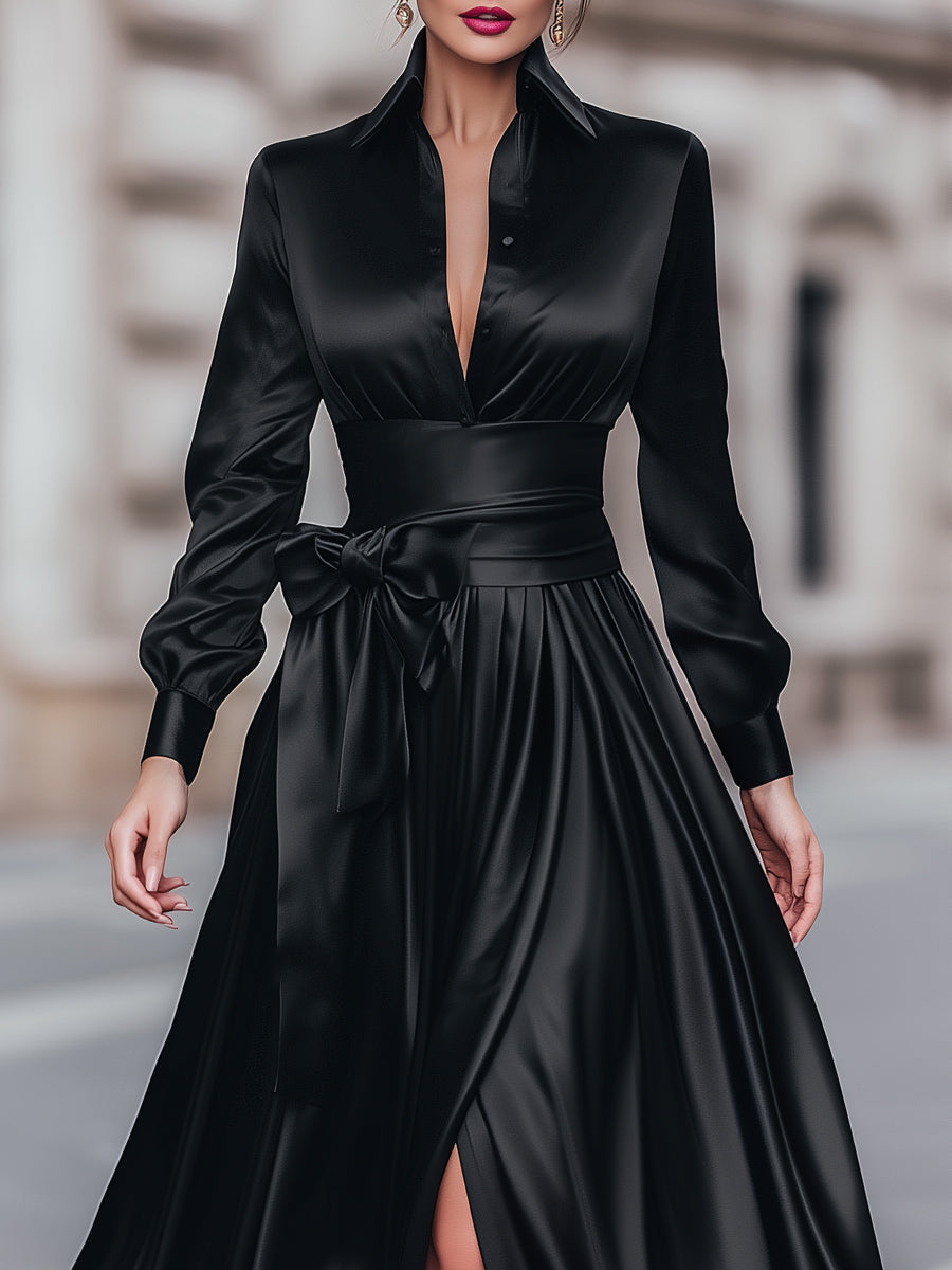 Deep V-Neck Collared Long-Sleeves A-Line Evening Dress Pleated Satin Formal Gowns with Slit