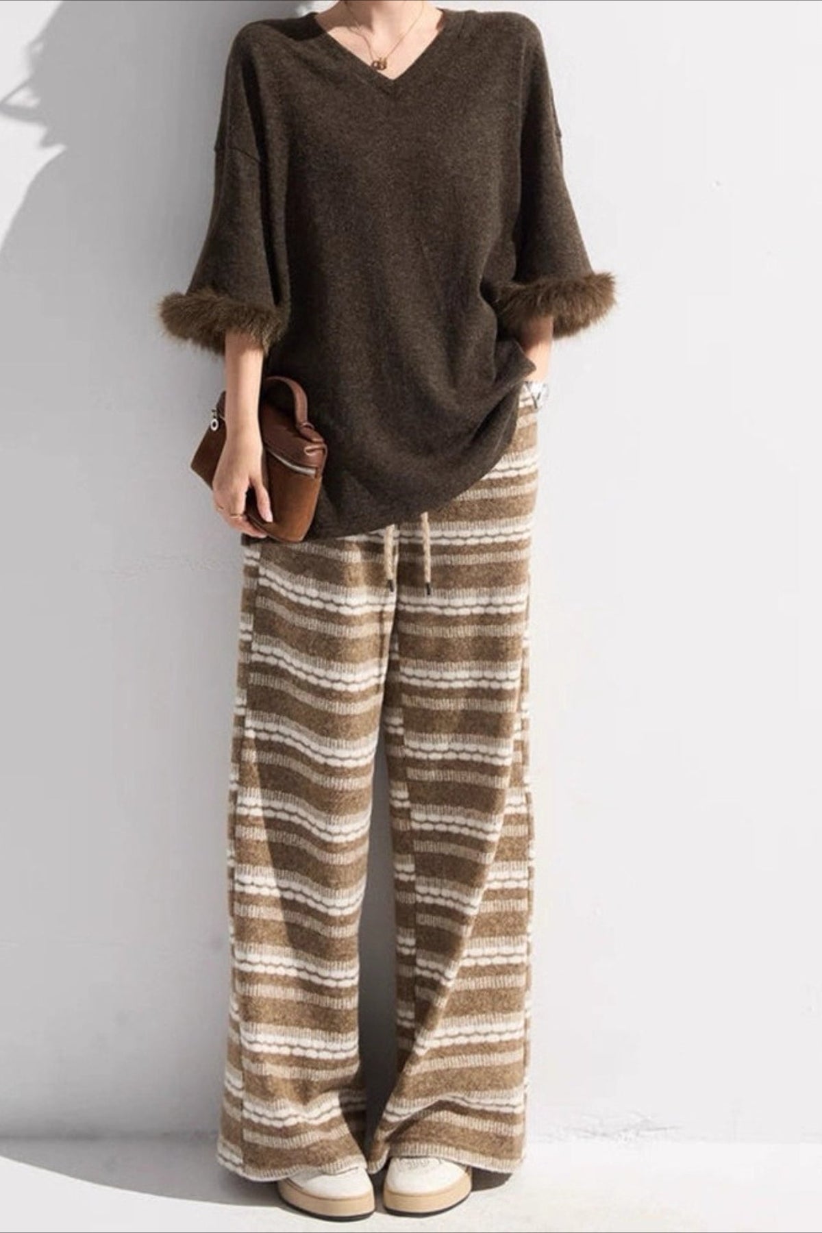 Striped Textured Knit Drawstring Waist Wide Leg Pants