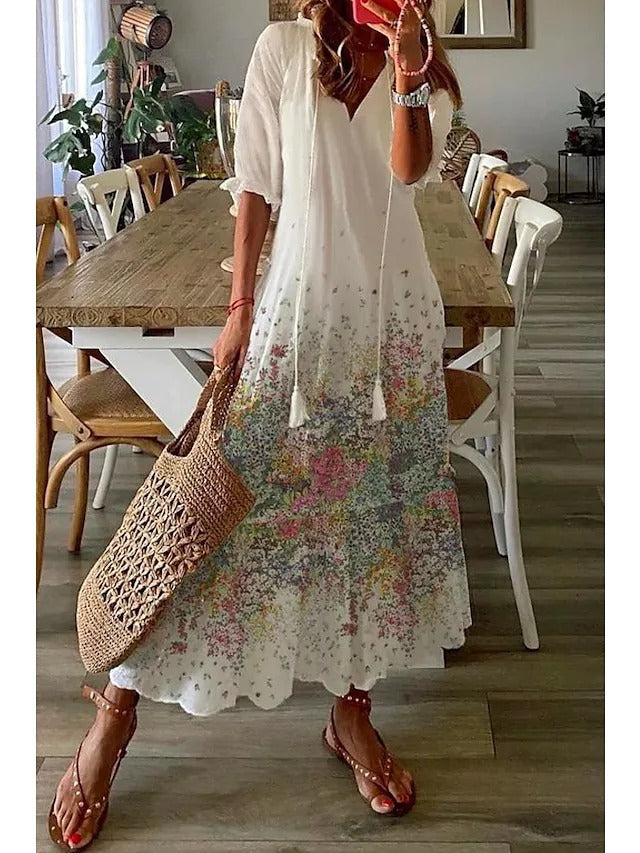 Casual Loose V-neck Printed Long Dress Border Printed
