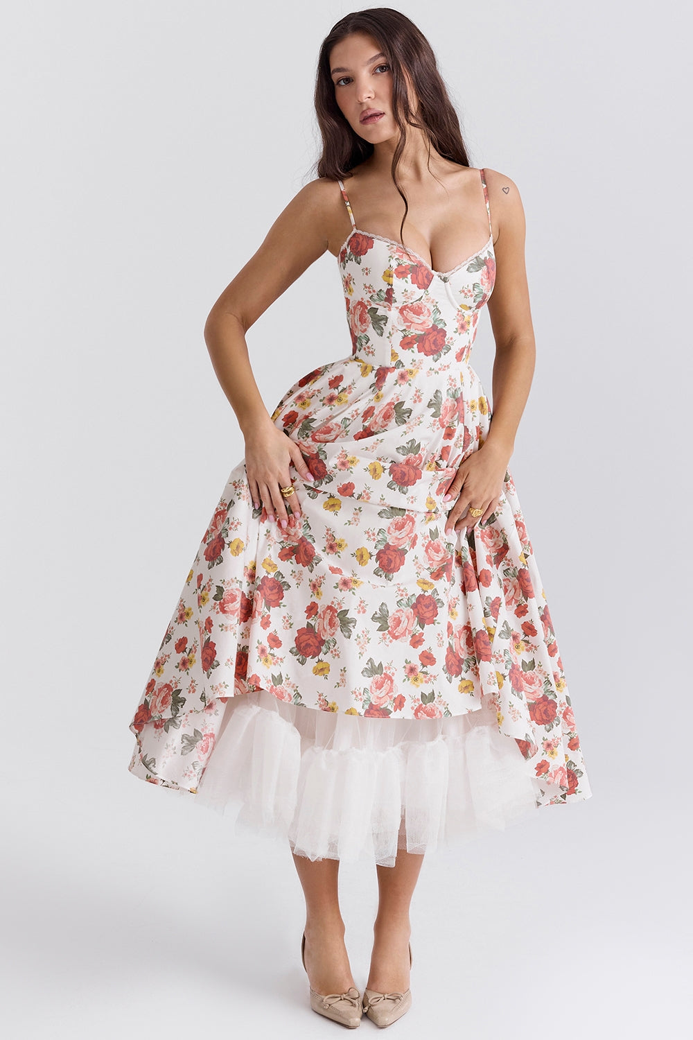 Rose Print Sweetheart Corset Bodice Tulle Underlay Midi Dress