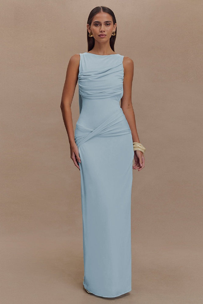 One Shoulder Ruched High Split Slip Maxi Dress