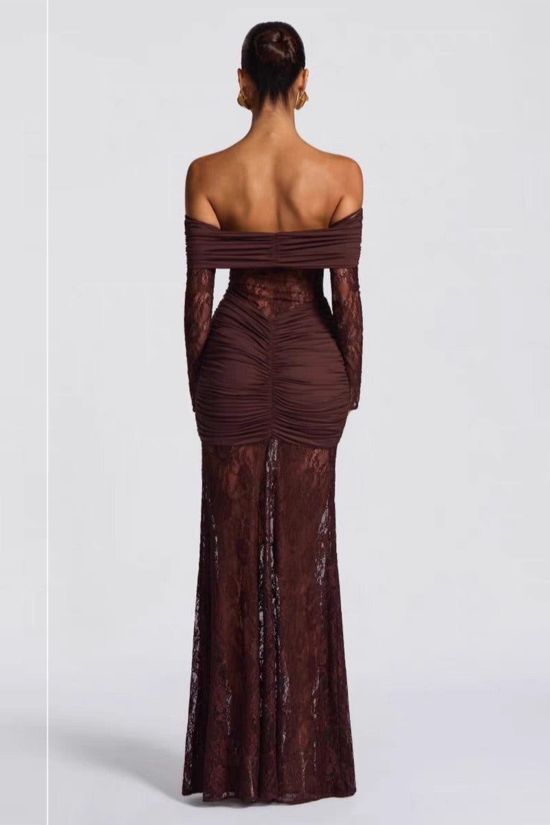 Lace Off Shoulder Long Sleeve Ruched Mermaid Gown