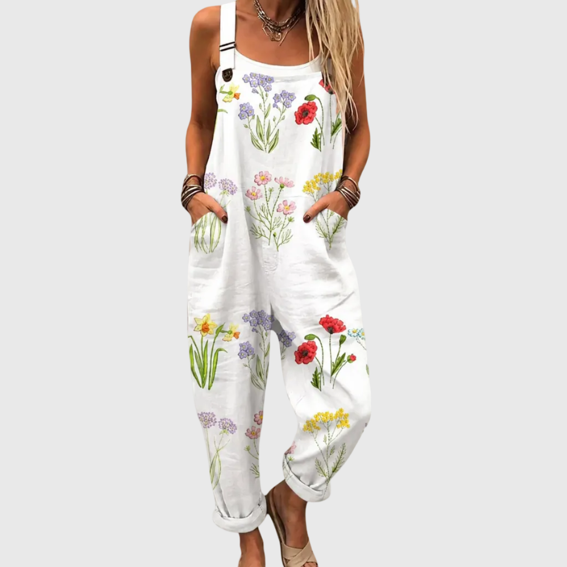 Floral Print Sleeveless Wide Strap Pocket Jumpsuit Overalls