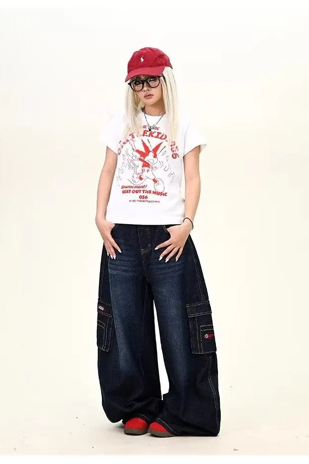 Dark Blue Cargo Wide-Leg Jeans