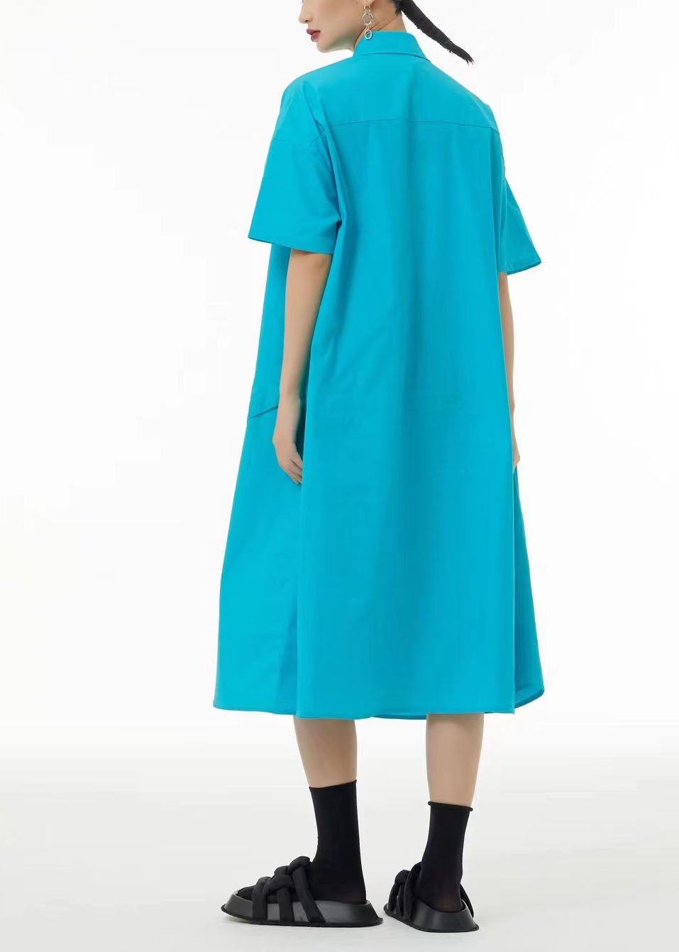 Button Down Short Sleeve Puffy Flower Appliqué Strap Detail Oversized Midi Dress