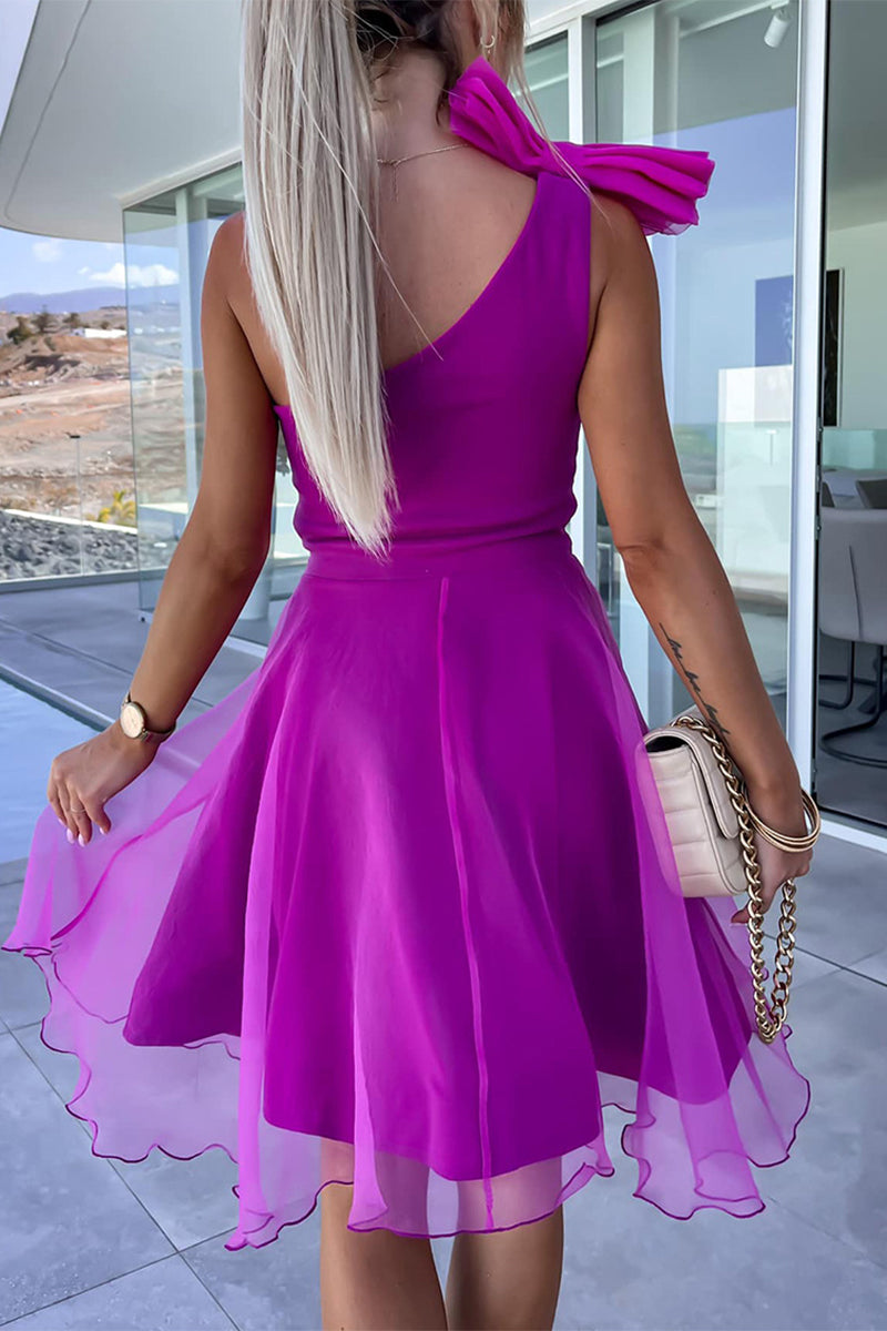 One Shoulder Bow Detail Sheer Layered Ruffle Hem Fit and Flare Mini Dress