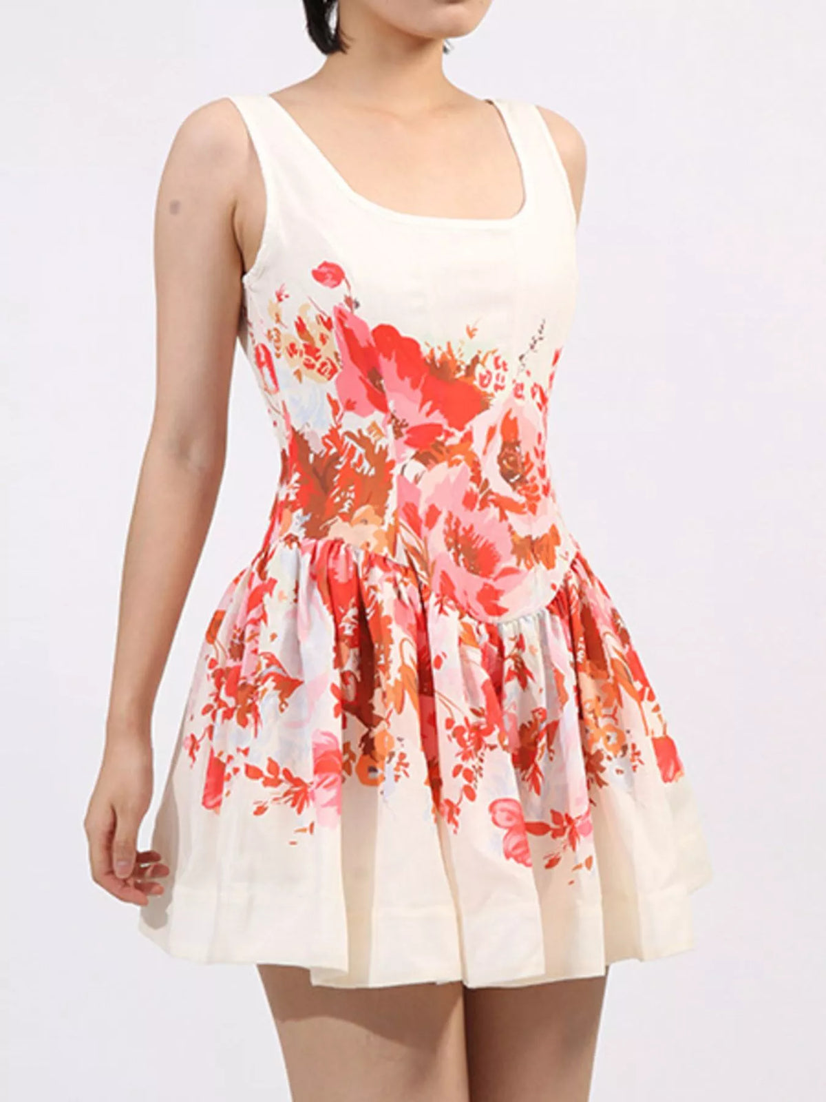 Floral Print Scoop Neck Sleeveless Drop Waist Fit and Flare Mini Dress 4