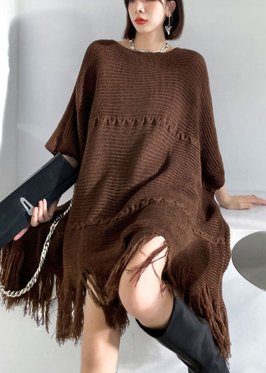 Knit Tassel Fringe Batwing Sleeve Oversized Mini Sweater Dress