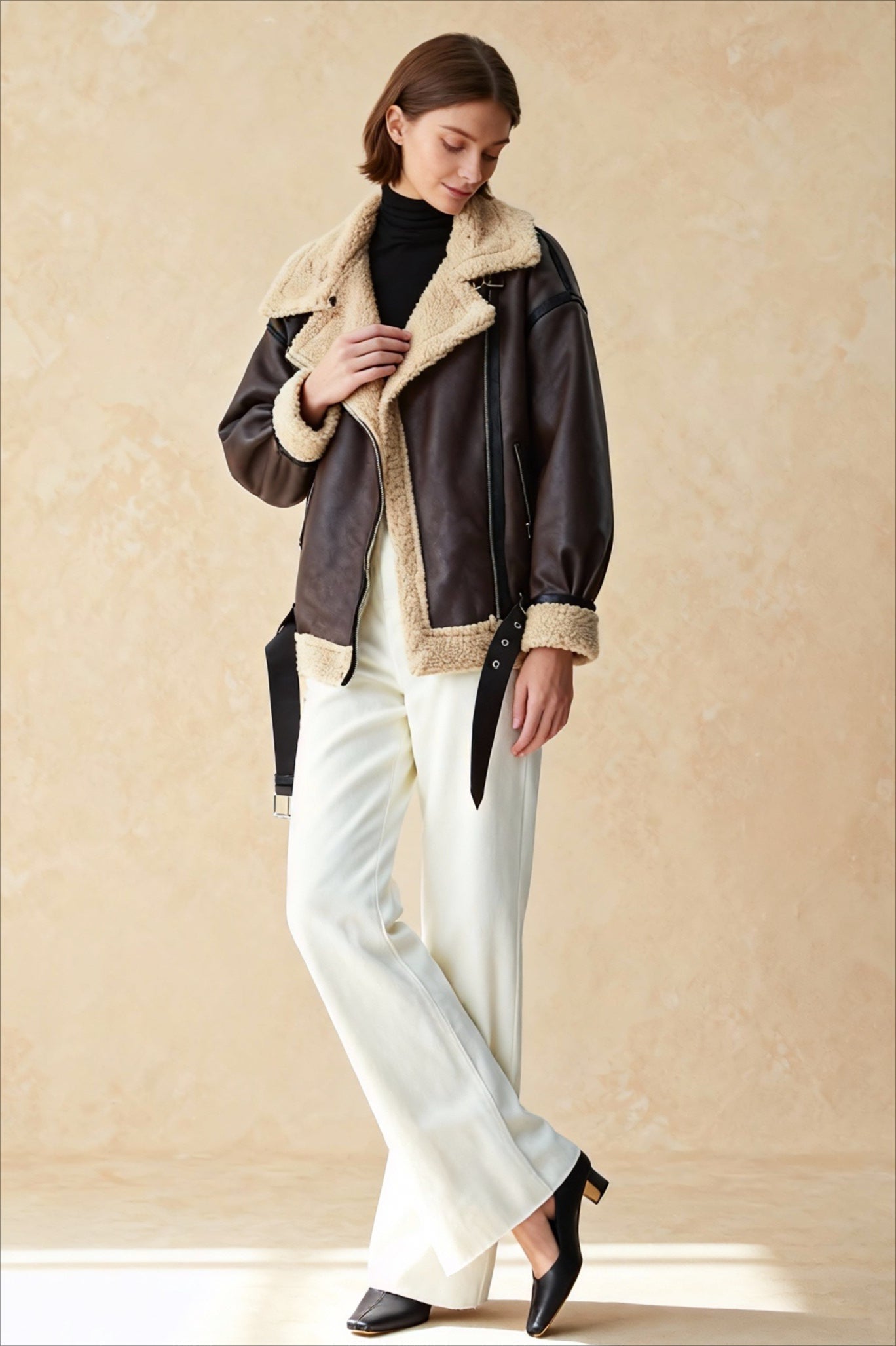Classic Sherpa Lined Trendy Shearling Leather Flight Jacket