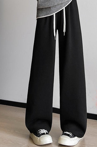 Drawstring High Waist Ribbed Knit Wide Leg Pants