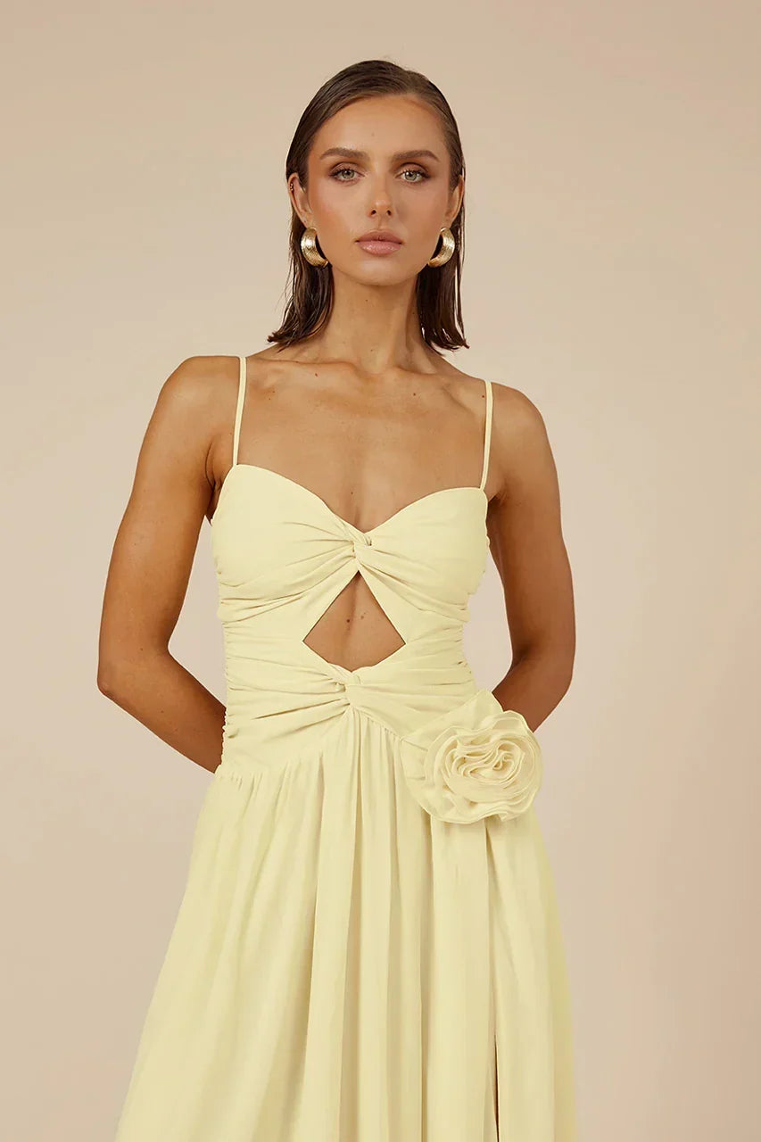 Chiffon Twist Front Cut Out Rosette High Split Maxi Dress 3